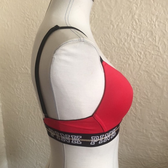 Victoria’s Secret Pink Wireless Lightly Lined Bra Red Black White Gold Logo Band - Picture 7 of 12